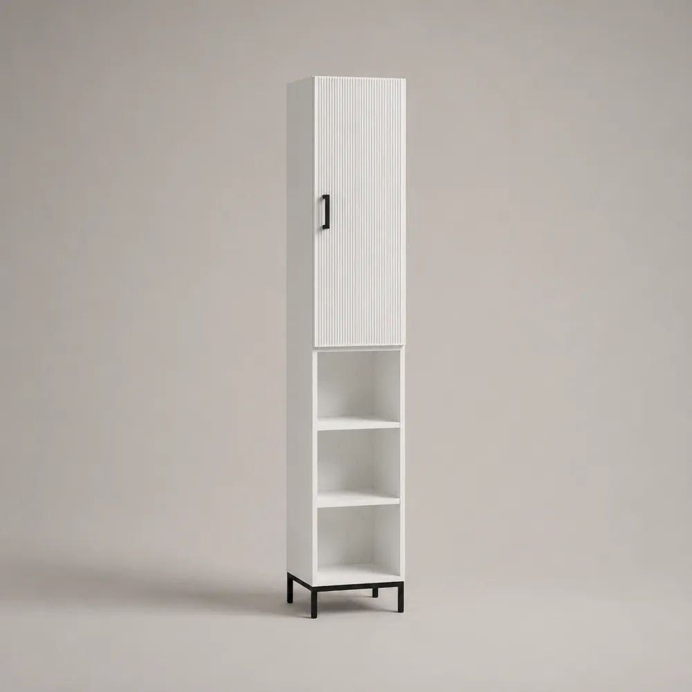 Colonne de rangement haute en bois et acier, 1 porte et 3 niches, blanc et noir, 40 × 35 × 180 cm