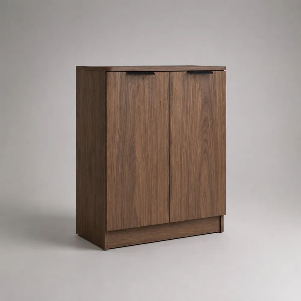 Buffet haut rectangulaire en bois à 2 portes, brun noyer et noir, 80 × 35 × 100 cm