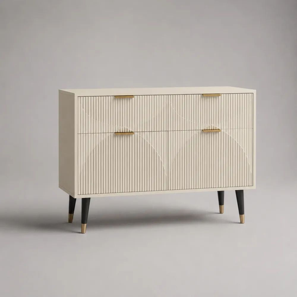 Buffet rectangulaire à 4 tiroirs en bois blanc cassé, noir et doré, 120 × 40 × 85 cm