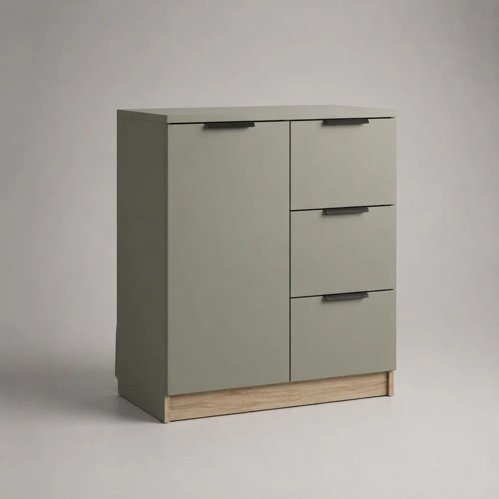 Buffet haut en panneaux de particules, 1 porte et 3 tiroirs, vert sauge et chêne clair, 80 × 40 × 100 cm