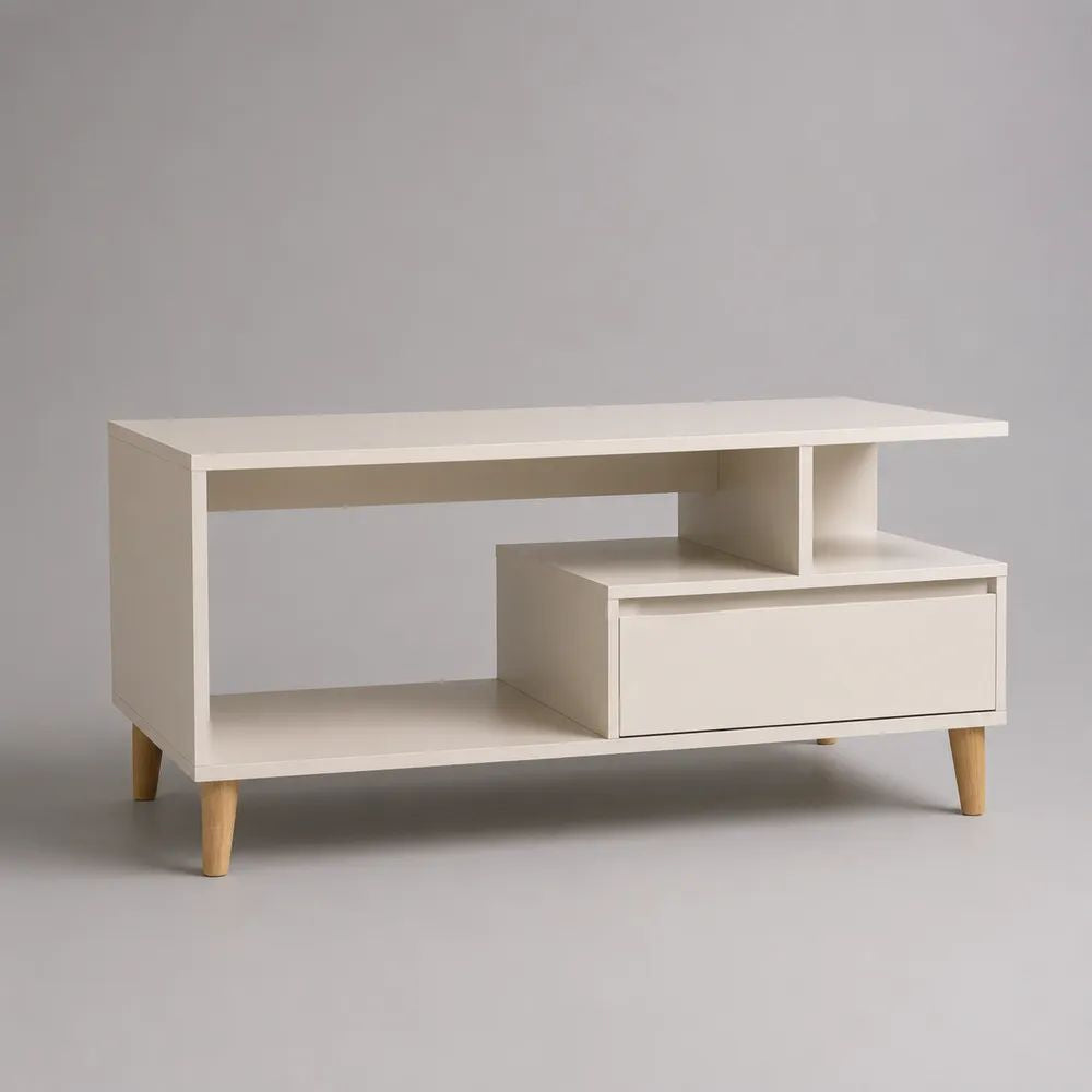 Table basse rectangulaire avec tiroir et étagères en MDF mélaminé blanc cassé et bois, 100 × 50 × 55 cm