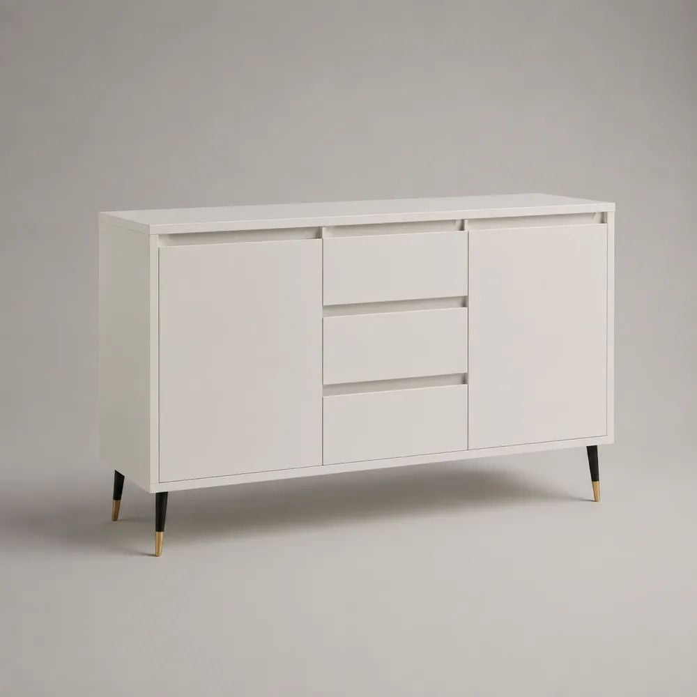 Buffet rectangulaire blanc en panneaux de particules mélaminés, 2 portes et 3 tiroirs, pieds noirs et dorés, 120 × 40 × 80 cm