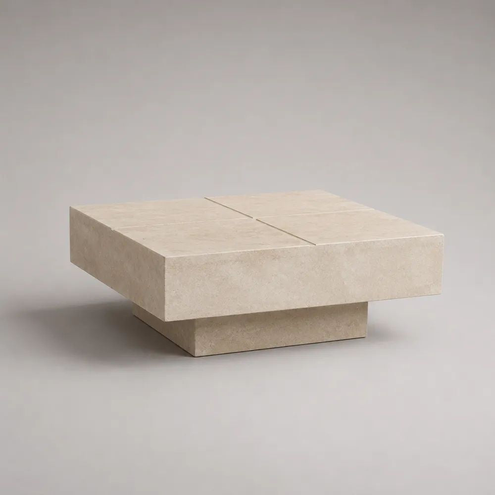 Table basse carrée plaquée travertin beige 80 × 80 × 35 cm