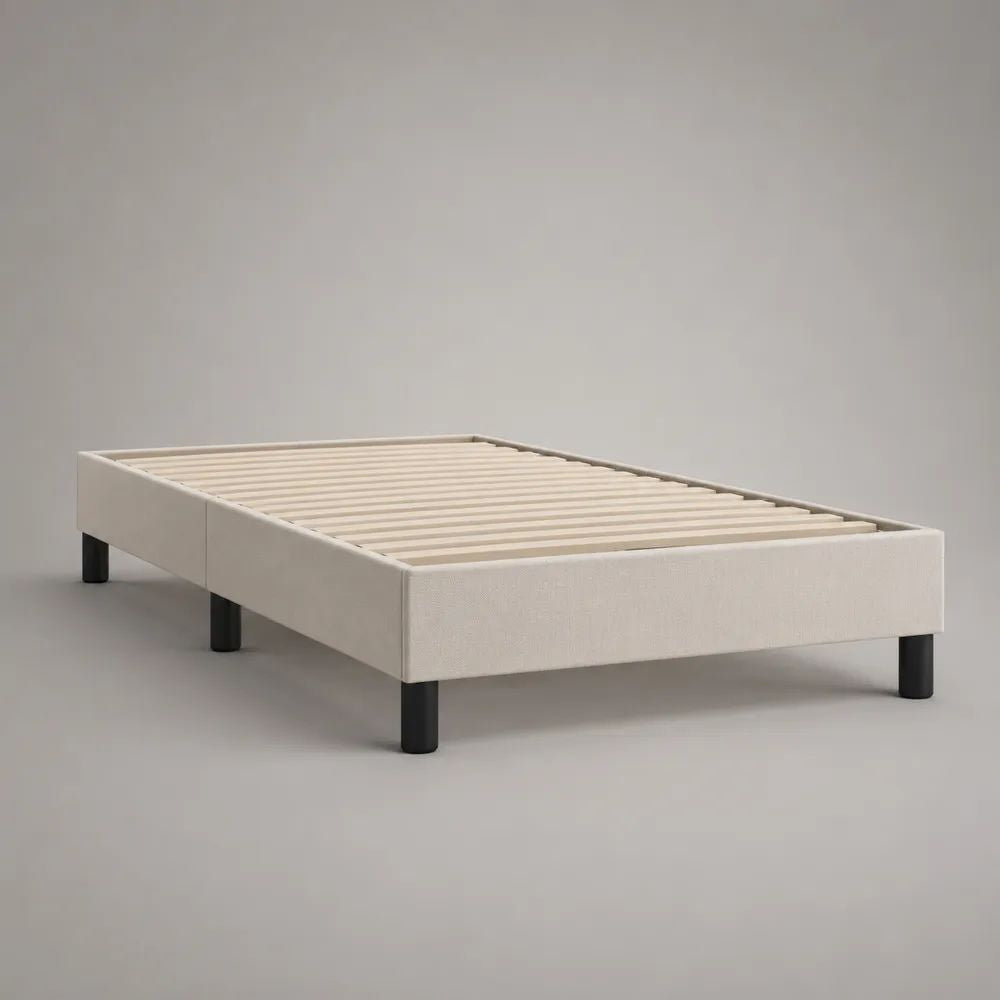 Cadre de lit double rembourré en polyester beige avec sommier à lattes, couchage 140 × 190 cm