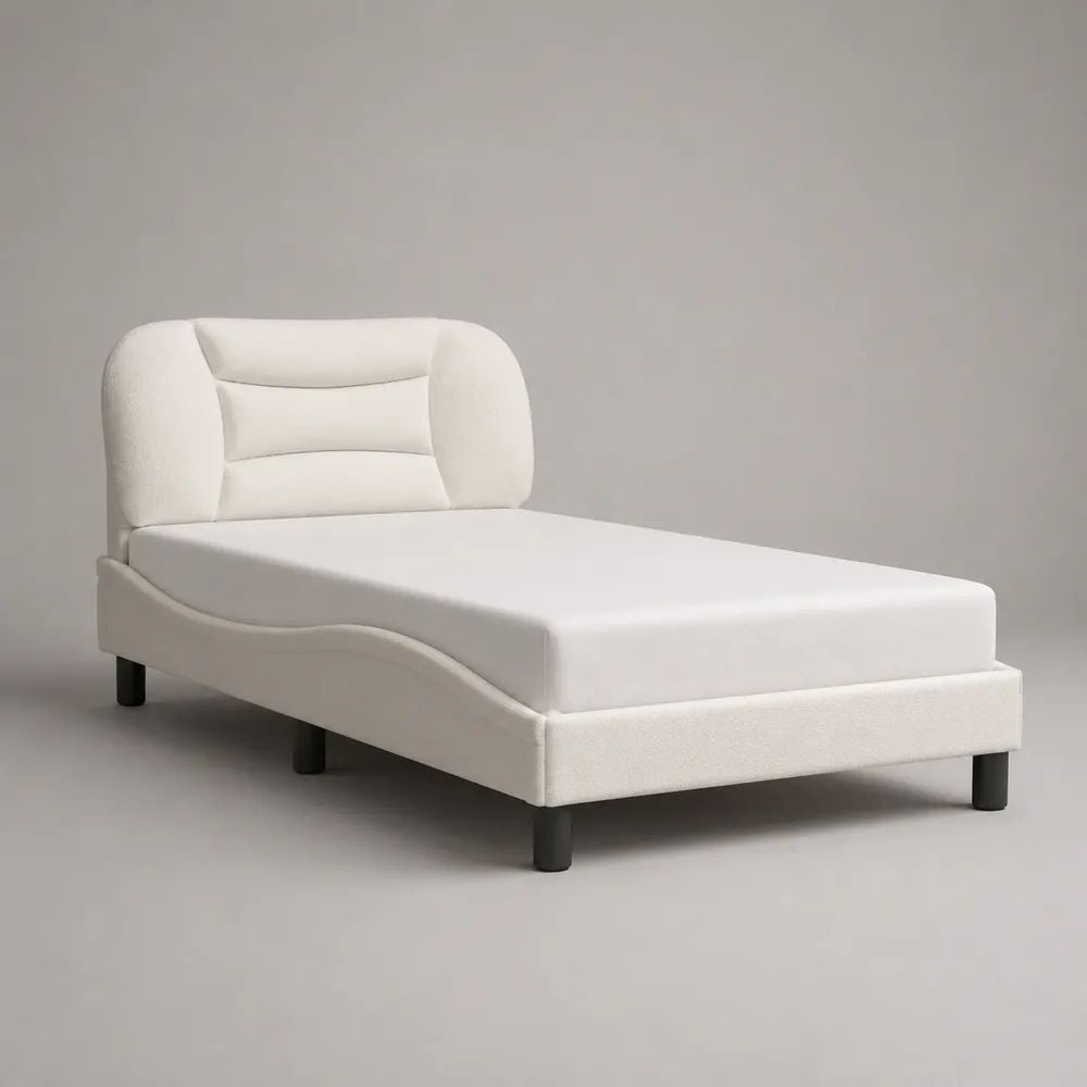 Lit simple rembourré avec matelas 90 × 190 cm, tête de lit matelassée, tissu bouclé blanc et pieds noirs