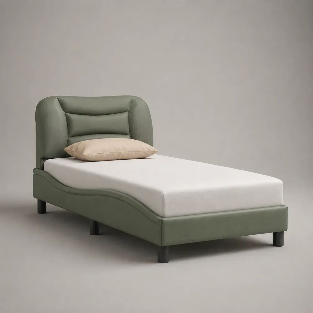 Lit simple rectangulaire rembourré 90 x 190 cm en polyester vert sauge avec tête de lit à oreilles et sommier à lattes