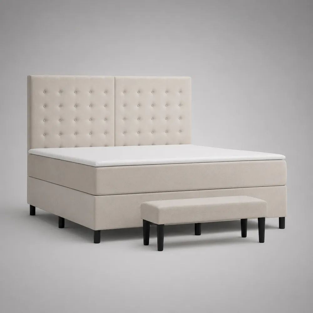 Ensemble lit continental 6 pièces en polyester beige 160 × 200 cm avec matelas, surmatelas, tête de lit capitonnée et banc