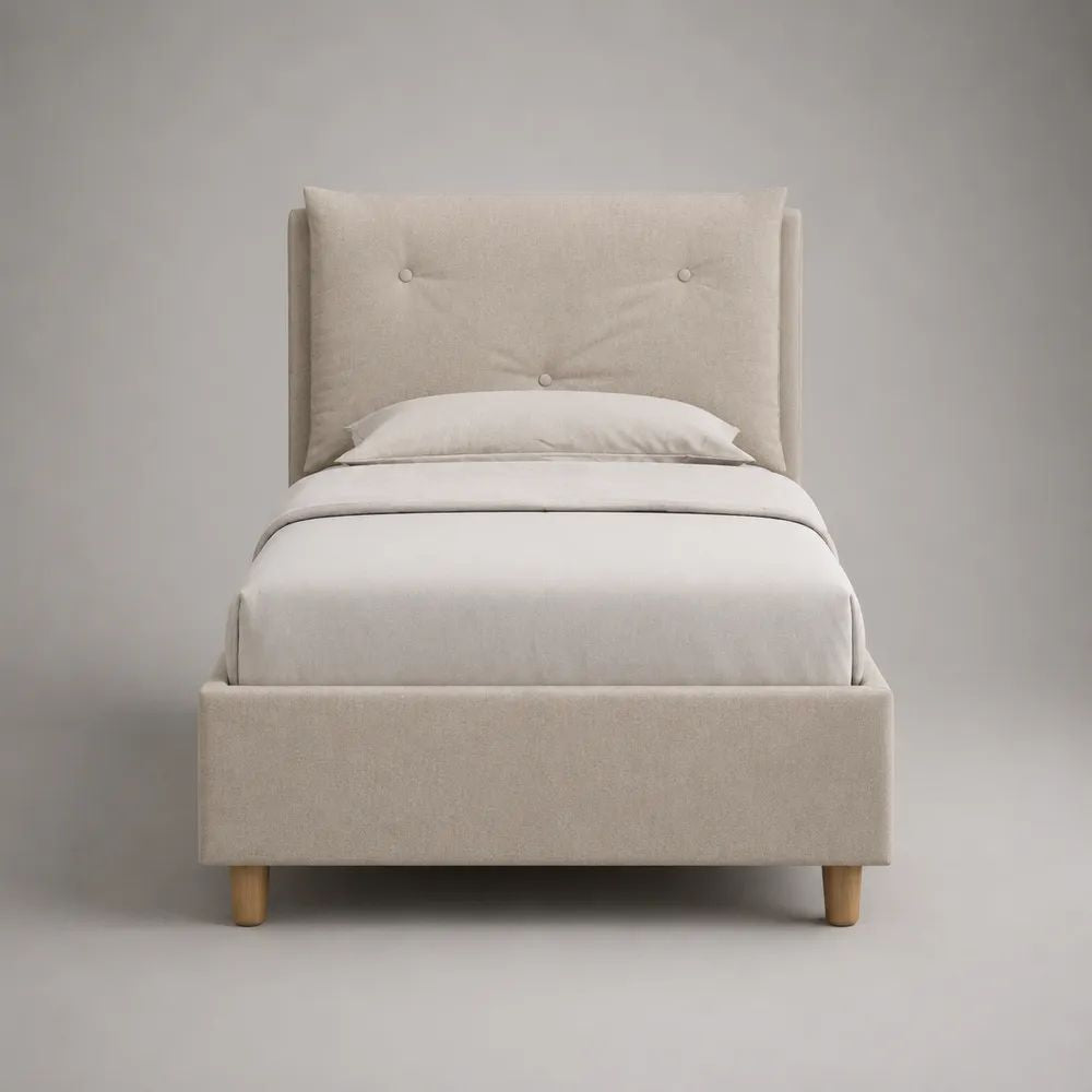 Lit simple rembourré 90 x 190 cm en tissu beige avec tête de lit capitonnée et sommier à lattes