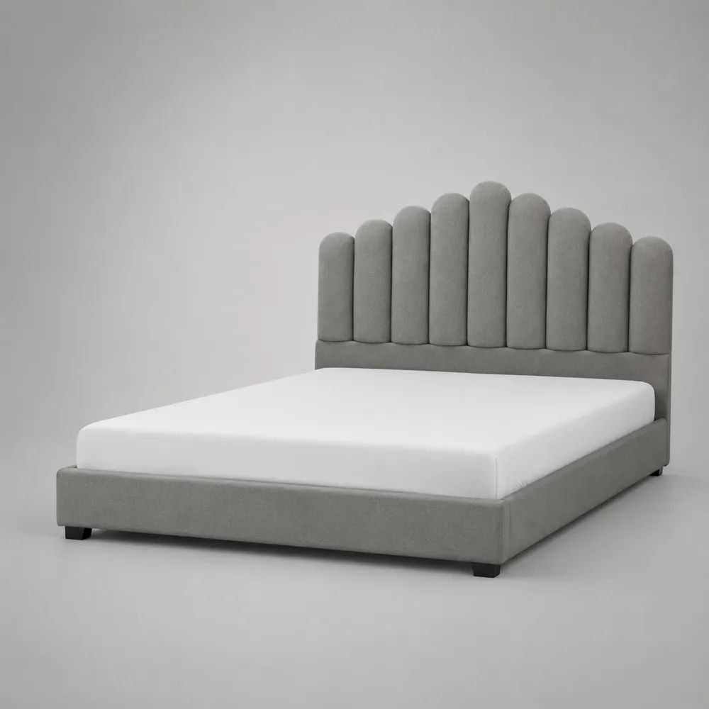 Lit coffre double 160 x 200 cm en tissu gris clair avec tête de lit à panneaux arrondis