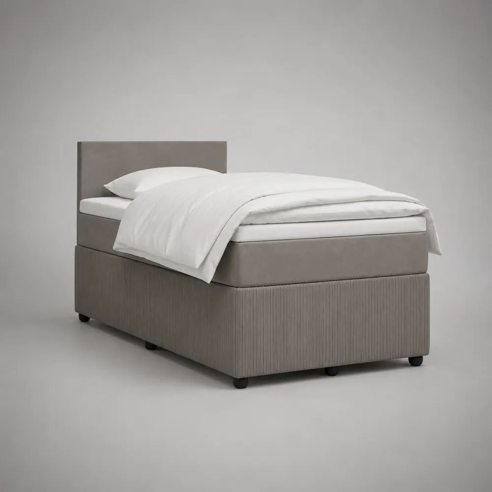 Lit continental 1 place en tissu gris avec matelas à ressorts ensachés et tête de lit, 90 × 200 cm