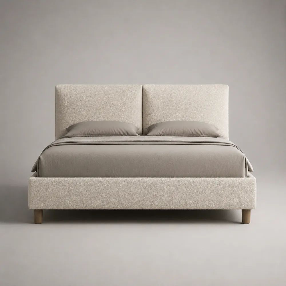 Lit coffre double 160 x 200 cm en tissu bouclette écru avec sommier relevable et tête de lit rembourrée