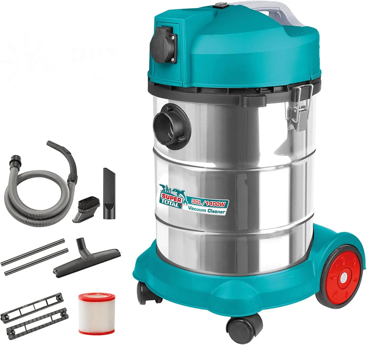 Stofzuiger, TOTAL -, Hoog vermogen: 1400 W, Inhoud: 30 liter, TOTAL, Dieptereiniging nat & droog, Compact en gemakkelijk te hanteren, Inclusief