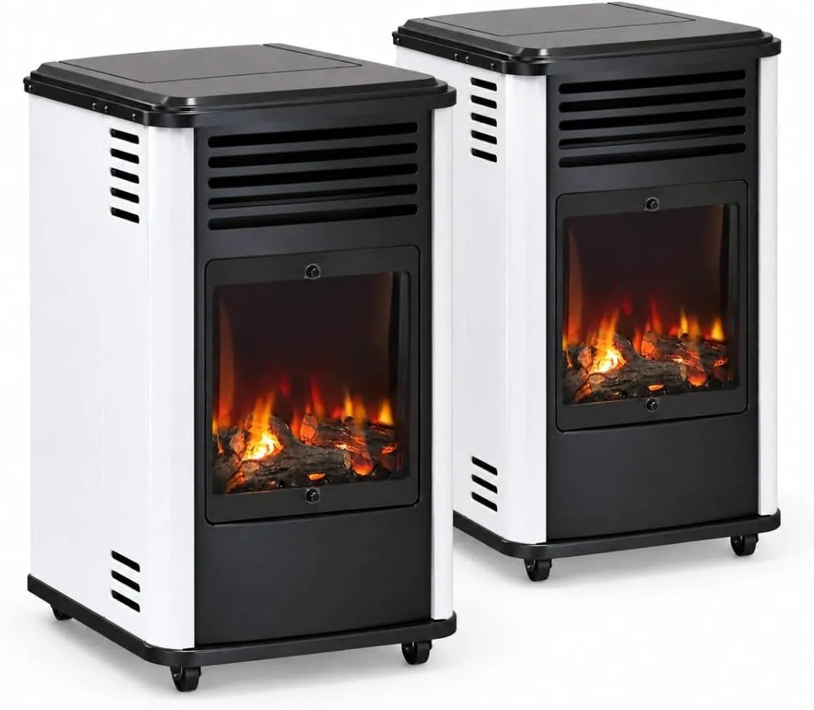 Gaskachel met 2 stuks, extra gasverwarming op wielen, 3,4 kW, wit en houtvuureffect