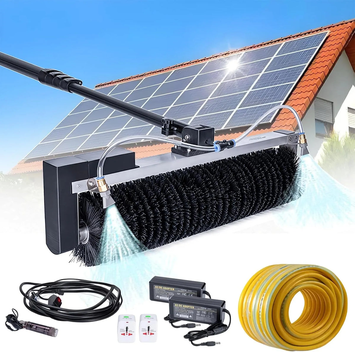 Telescopische borstel voor het reinigen van zonnepanelen met 60 cm, 100V, 240V, aluminium en complete onderhoudsset