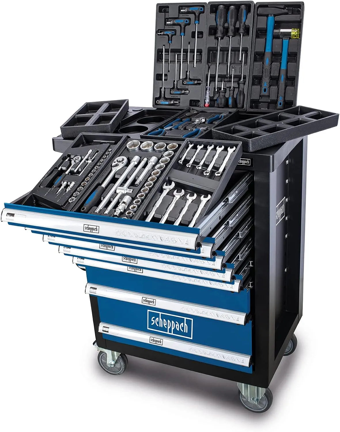 Scheppach Werkplaatswagen TW1100 Gereedschapsset TW1100 met 775 x 470 x 975 mm, 2 x 100 mm, 4 x 150 mm, 4 x 100 mm en 3 x 75 mm