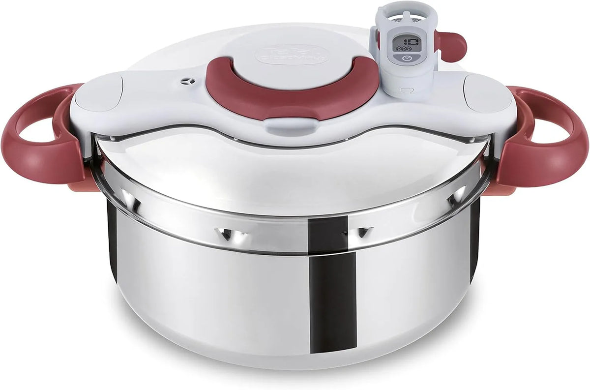 Snelkookpan, Tefal P46207, 6 liter, met kookmand en timer, RVS/wit/rood, 37,4 x 28,5 x 24,6 cm