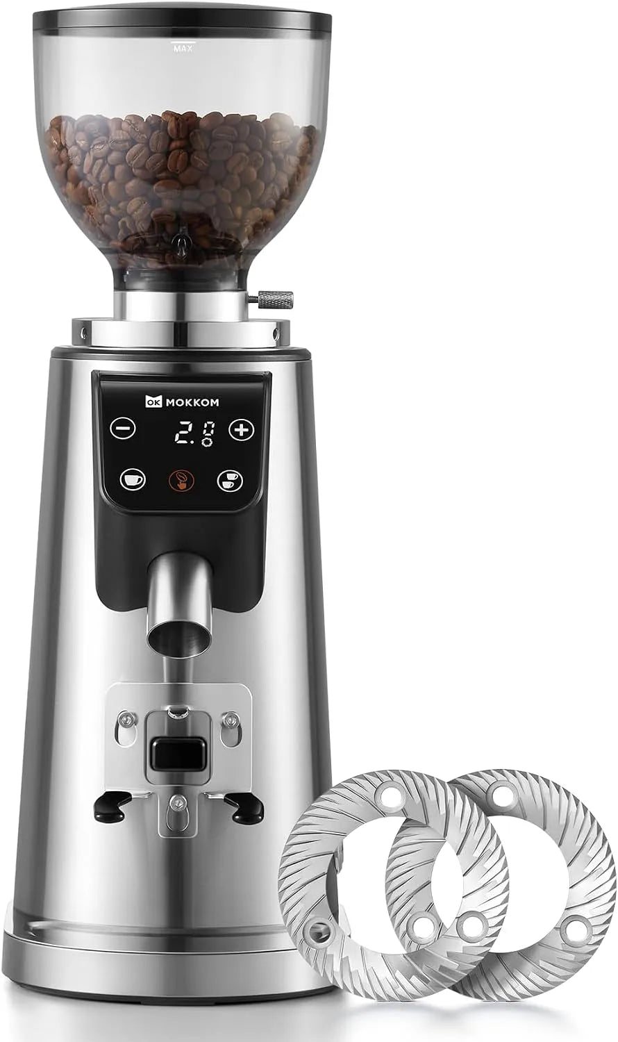 Molen met 64 mm, 7 mm, 0,1 seconden, timer, digitaal display, geluidsarme werking, RVS en aluminium