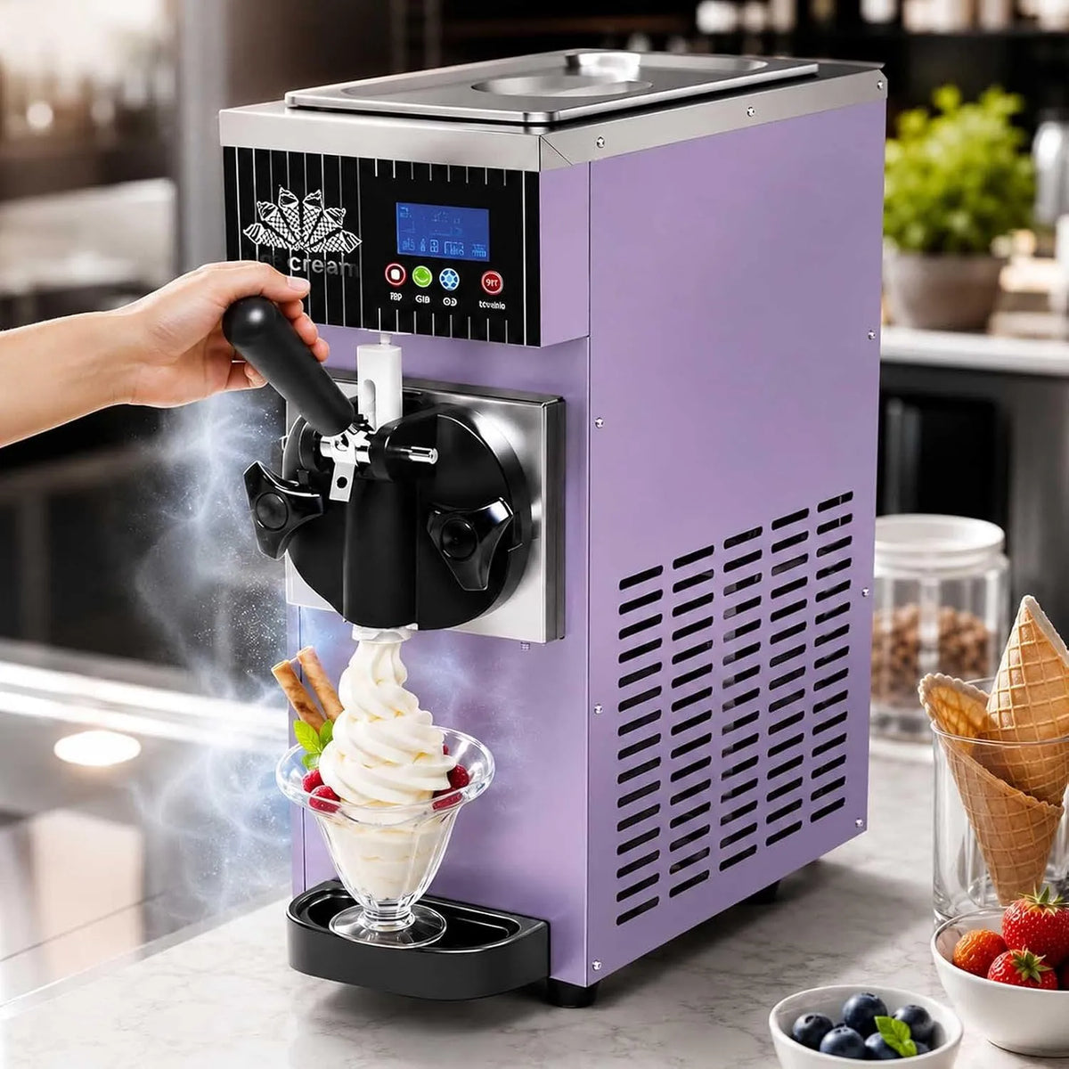 Machine met 4–5 l, 5°C, 32°C, 10 minuten, 6 minuten, RVS en paars