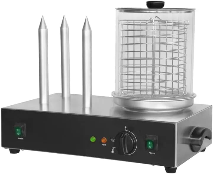 Ideaal apparaat, 3 poten, van RVS, worstverwarmer met glazen container en instelbare temperatuur 50-350 °C, Elektrische hotdog-verwarmer