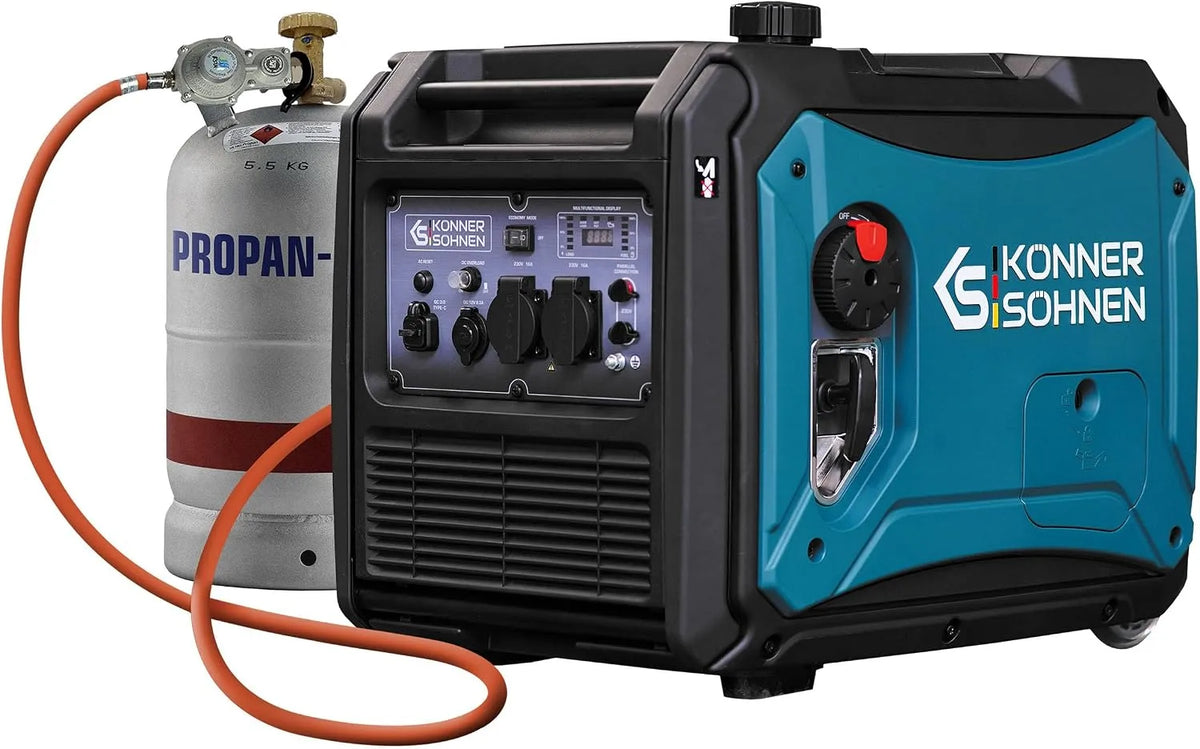 Generator met 4000 W, 230 V, 2 x 16 A, USB, digitaal display, geluidsarme werking en invertertechnologie