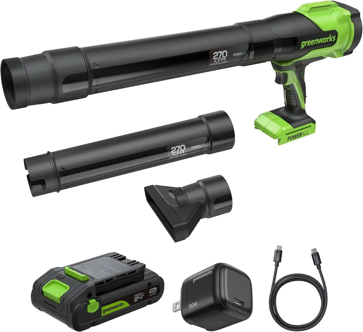 Bladblazer, Greenworks 24V BLH22SA1, 4Ah, 65 W, 209km/h 7,65m3/min Krachtige Tuinblazer, Variabele Snelheid met Vergrendeling BLH22SA1, Licht &