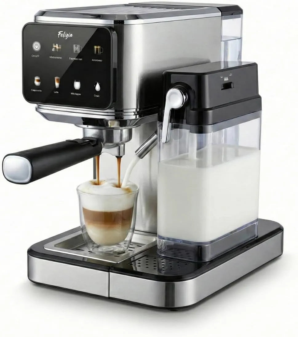 Espressomachine, 1350 W, draaibaar stoommondstuk, koude koffie. Vital Espresso Felizia., 20 bar, Thermoblock-systeem voor snel opwarmen