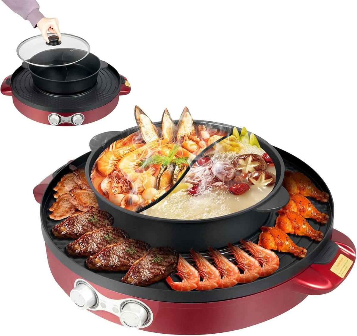 Barbecue met 52 x 18,5 cm, 2200 W, 2-in-1 en rood, multifunctionele 2 zijden anti-aanbakpan en BBQ tafelgrill