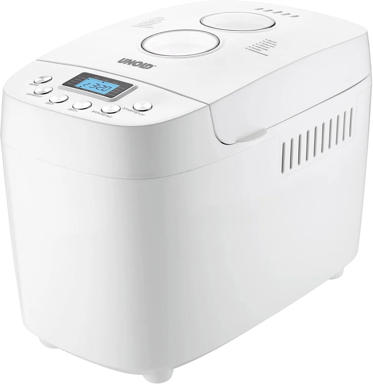 UNOLD Backmeister 68520 Big wit voor maximaal 1.500 g brood met 1.500 g, 15 programma's, 15 uur, 60 minuten, 15 minuten, 850 W, 220-240 V en 60 Hz