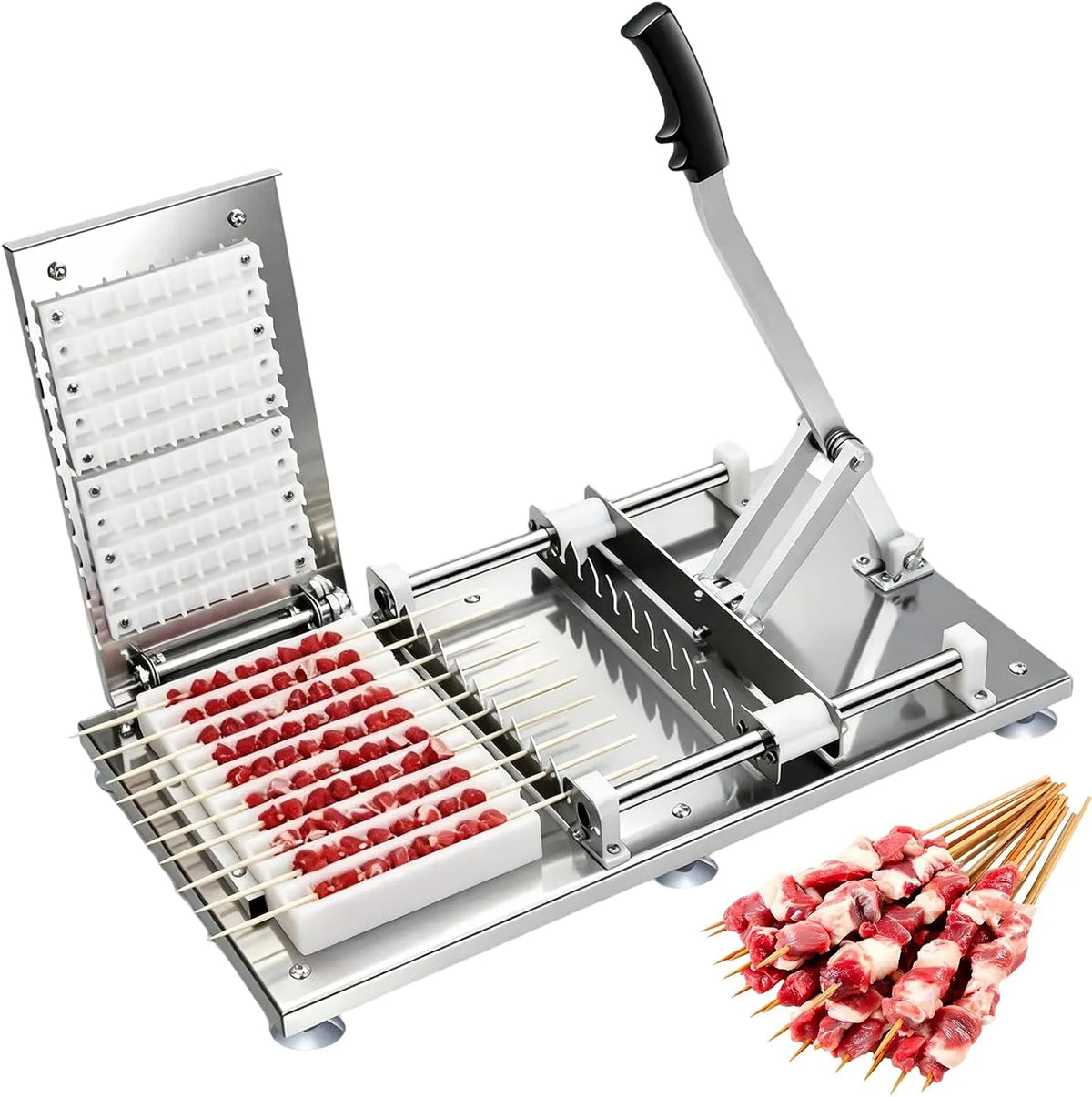 Machine met 25 x 16,2 x 3 cm, 56,5 x 32 x 48 cm en RVS, twee verwisselbare vleescontainers en 100 spiesen
