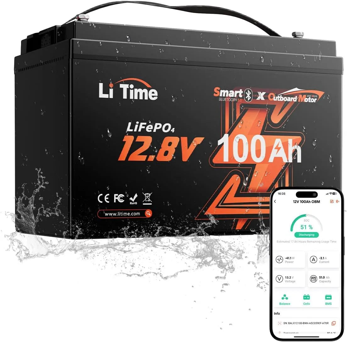 12V, LiTime 12V 100Ah LiFePO4 OBM Accu met Bluetooth voor Boten, model LiFePO4
