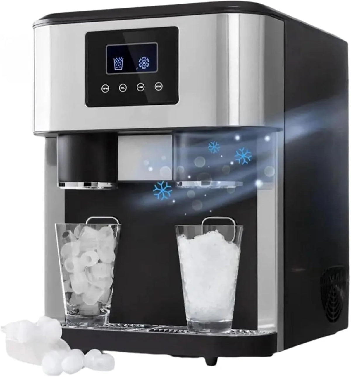 Machine, 15 kg/24 uur, Compacte ijsmachine voor op het aanrecht, keuken, bar en feestjes., maakt 16 ijsblokjes in 7-9 minuten, roestvrijstalen