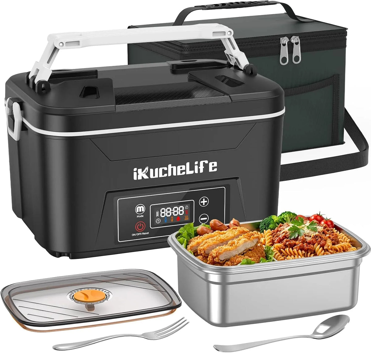 Elektrische lunchbox voor volwassenen met accu, verwarmbare lunchbox met roestvrijstalen bestek, aanraakbediening en geïsoleerde lunchtas, lekvrij