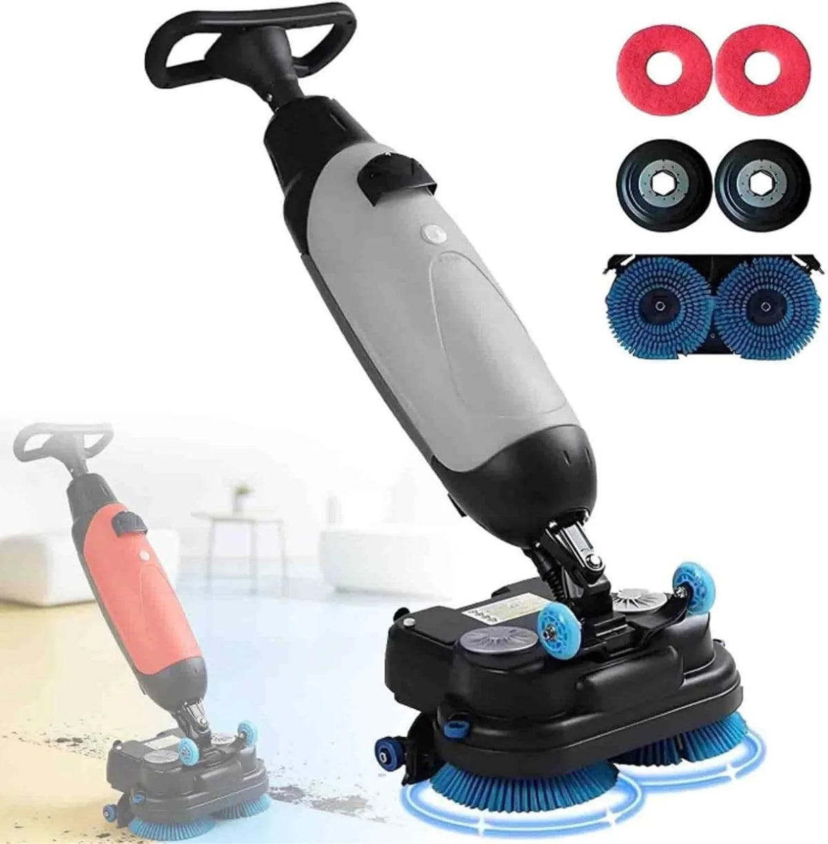Vloerreiniger, een reinigingsbreedte van 43 cm, loopbare vloerschrobber, dubbele roterende borstels en 360° draaibare kop. grijs