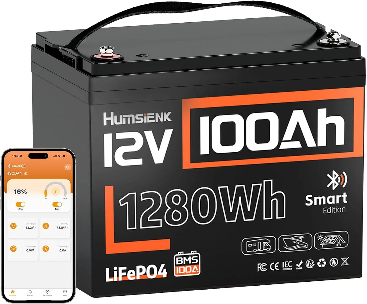 12V 100Ah LiFePO4 Lithiumbatterij met Bluetooth groep 24 LiFePO4 met 12V, Bluetooth en zonne-energie
