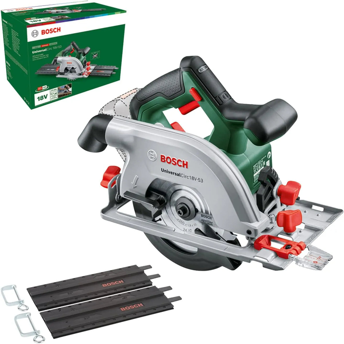 Zaag, max. zaagdiepte 53 mm, 2-delige geleiderailset, 18 volt systeem, zonder accu, Amazon Editie