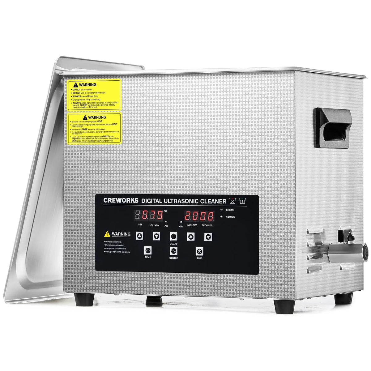 Ultrasoonreiniger met 10 l, timer, 240 W, 300 W, 30 minuten, 20 – 80 °C en RVS