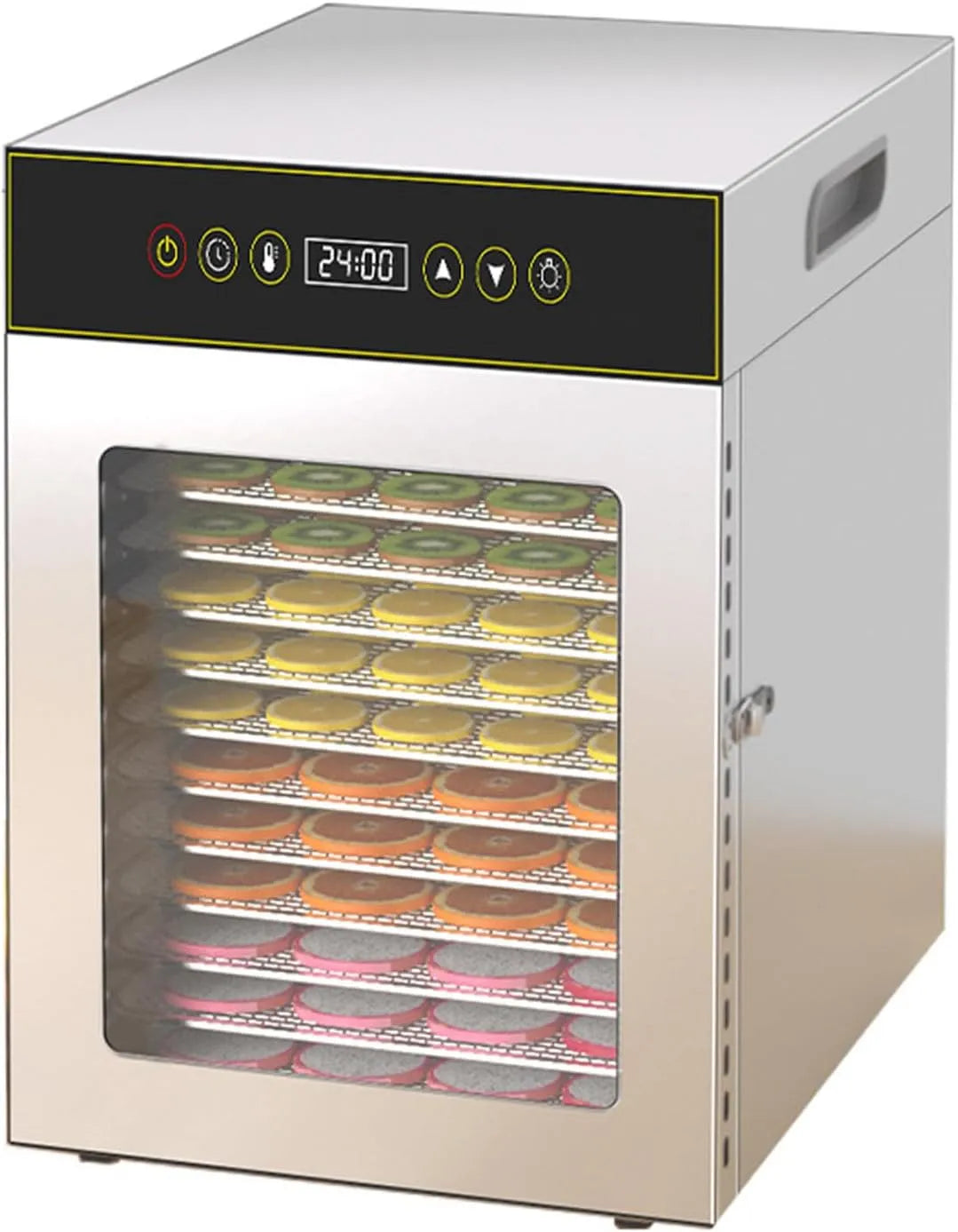 Droger met 20 x 28,3 cm, 303 x 306 x 388 mm, 360 x 360 x 460 mm, 750 W, 30-90 °C, 30 minuten, 24 uur en aanraakbediening