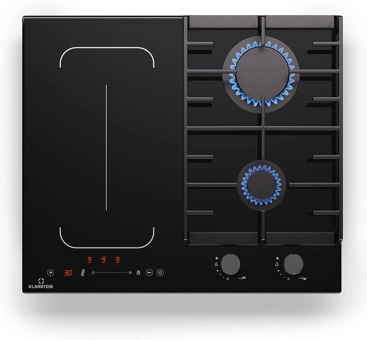Kookplaat, 7 Kw, timer, 4-zone flexzone, 2 gas- en 2 inductiekookbranders, schuifregelaar, stop & go, gietijzer, zwart