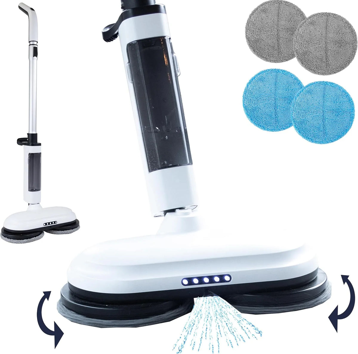 Vloerreiniger, 2-in-1, Mop met Verstelbare Steel, Wit, LED-Lichten & 4 Reinigingspads, Draadloos