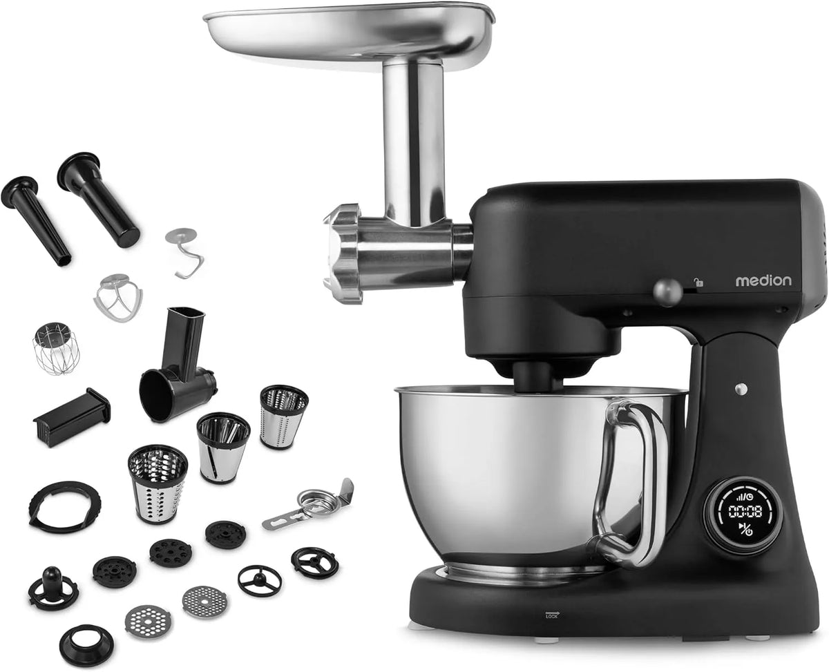 Keukenmachine MD12600 met geluidsarme werking, RVS en zwart, roestvrijstalen kom van 4,6 liter