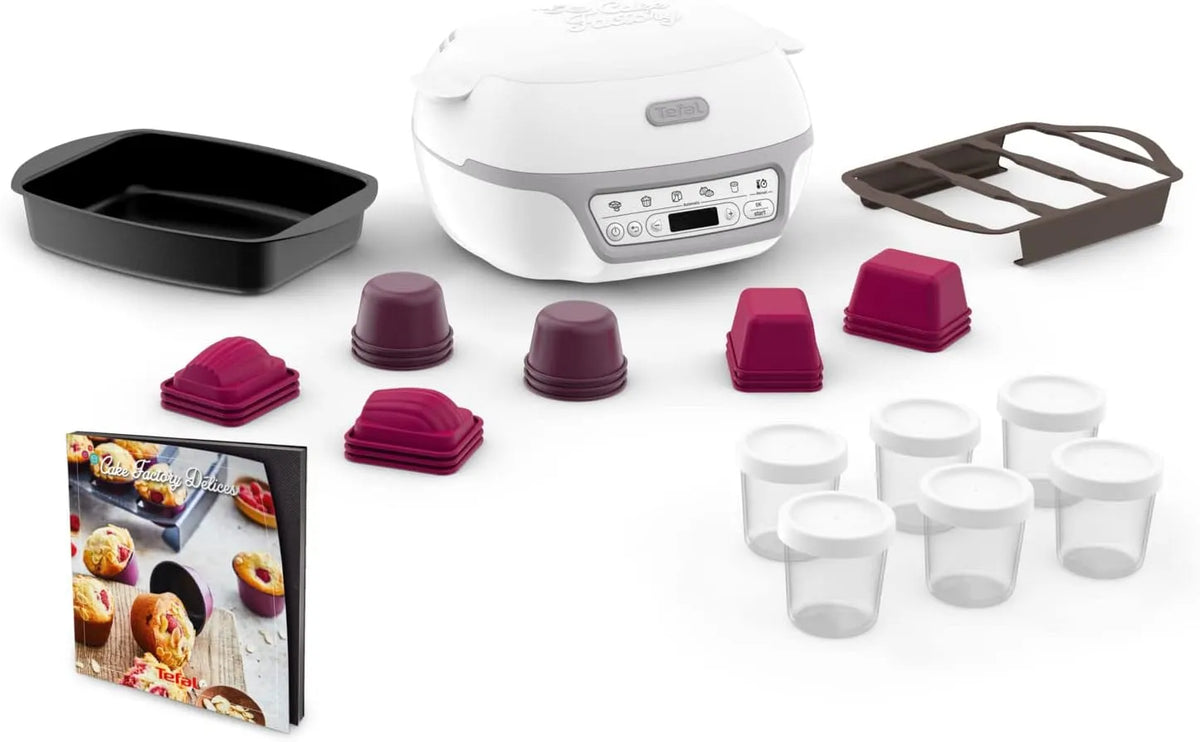 Tefal Cake Factory Délices zilver Maxi Pack KD812110 met regelbare thermostaat, aluminium, zilver en crème