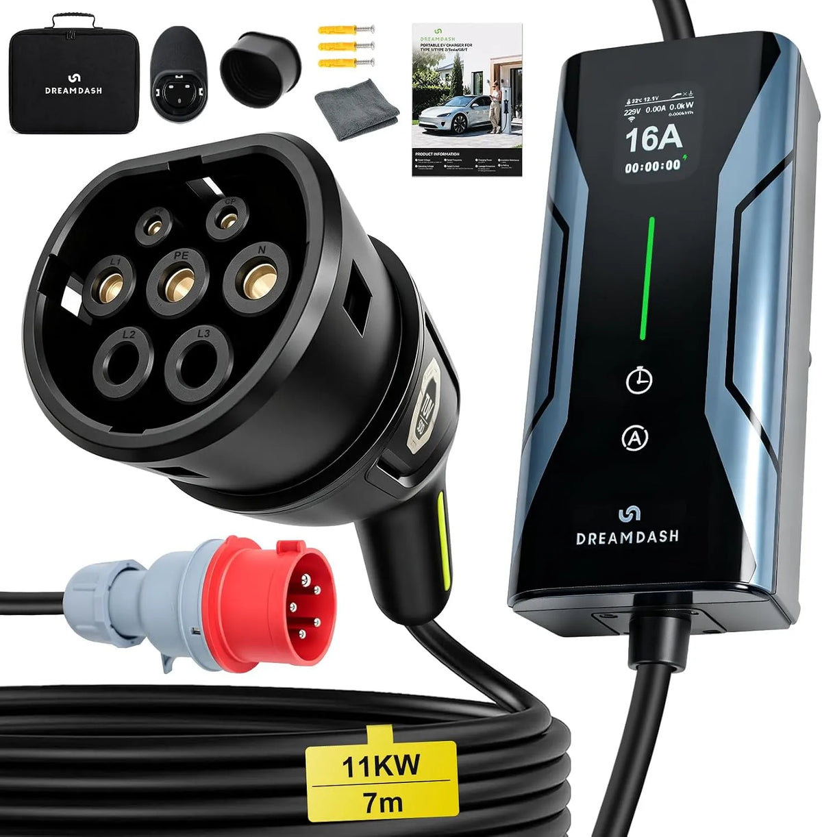 EV-oplader met 11kW, 16A, wifi, hogedrukstoom, blauw en rood