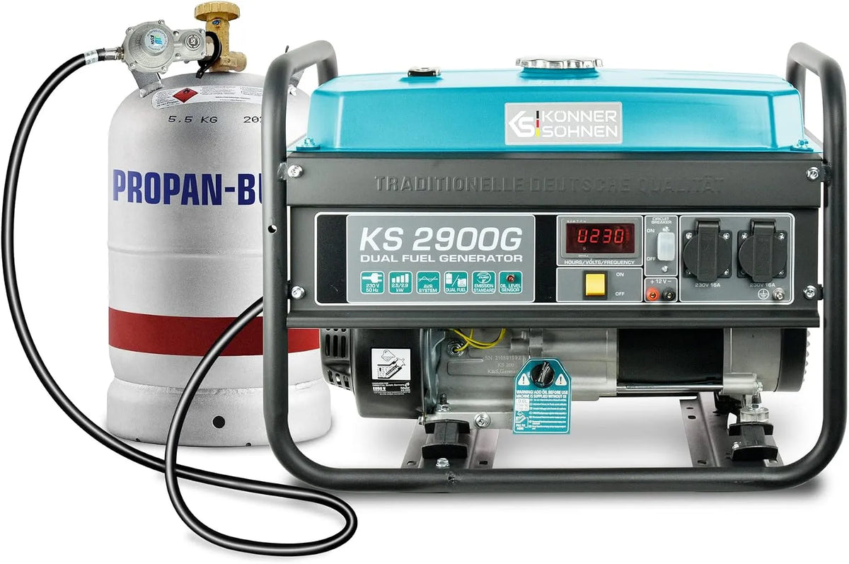 Generator met 2900G, 2900 W, 230 V, 12 V, 2x16A en digitaal display