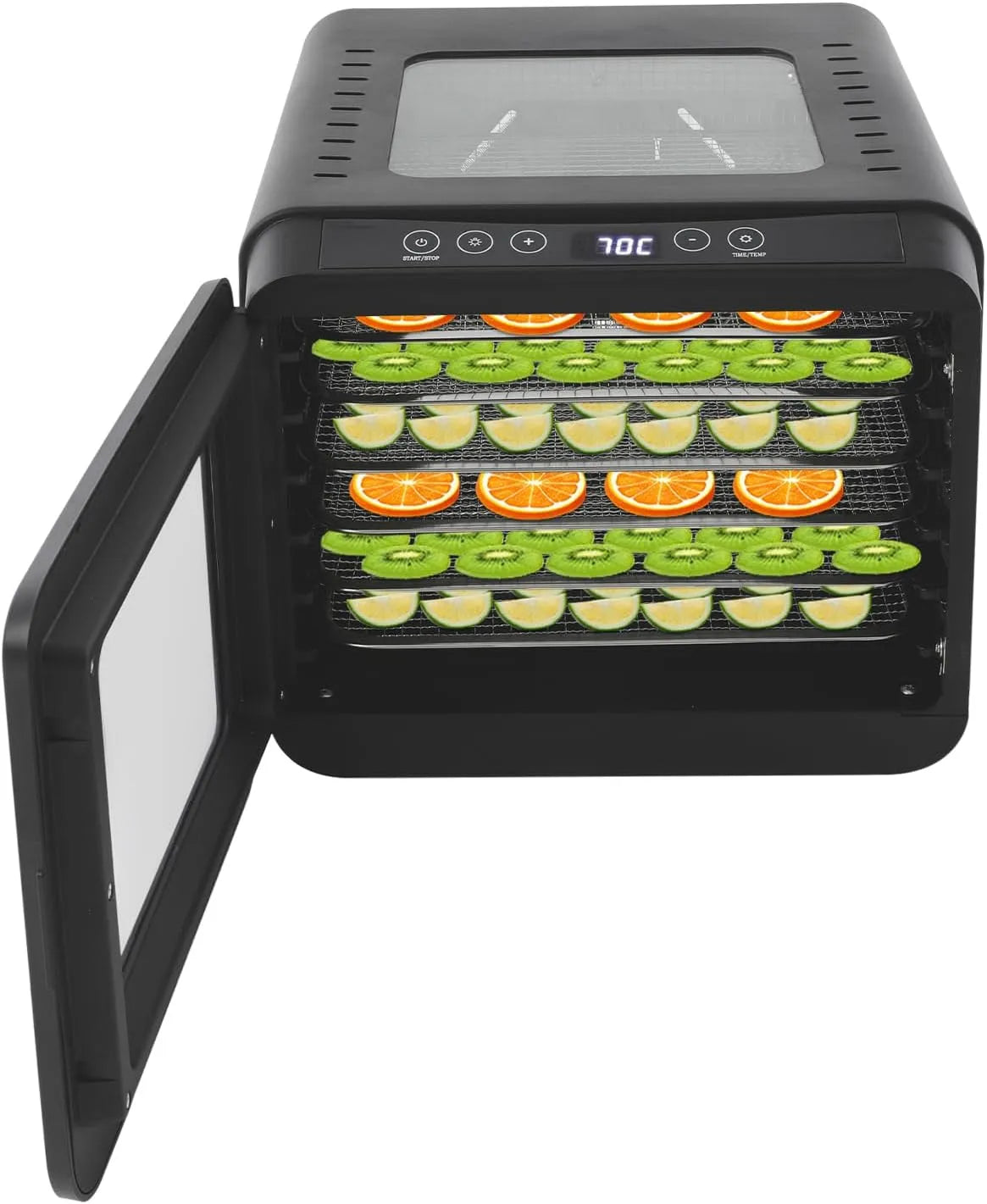 Droger, Droogmachine RVS met 6 etages, elektrisch droogapparaat met 6 roostertrays, 0-72 uur timer, fruit, 400 W voedseldehydrator, 35-70 °C