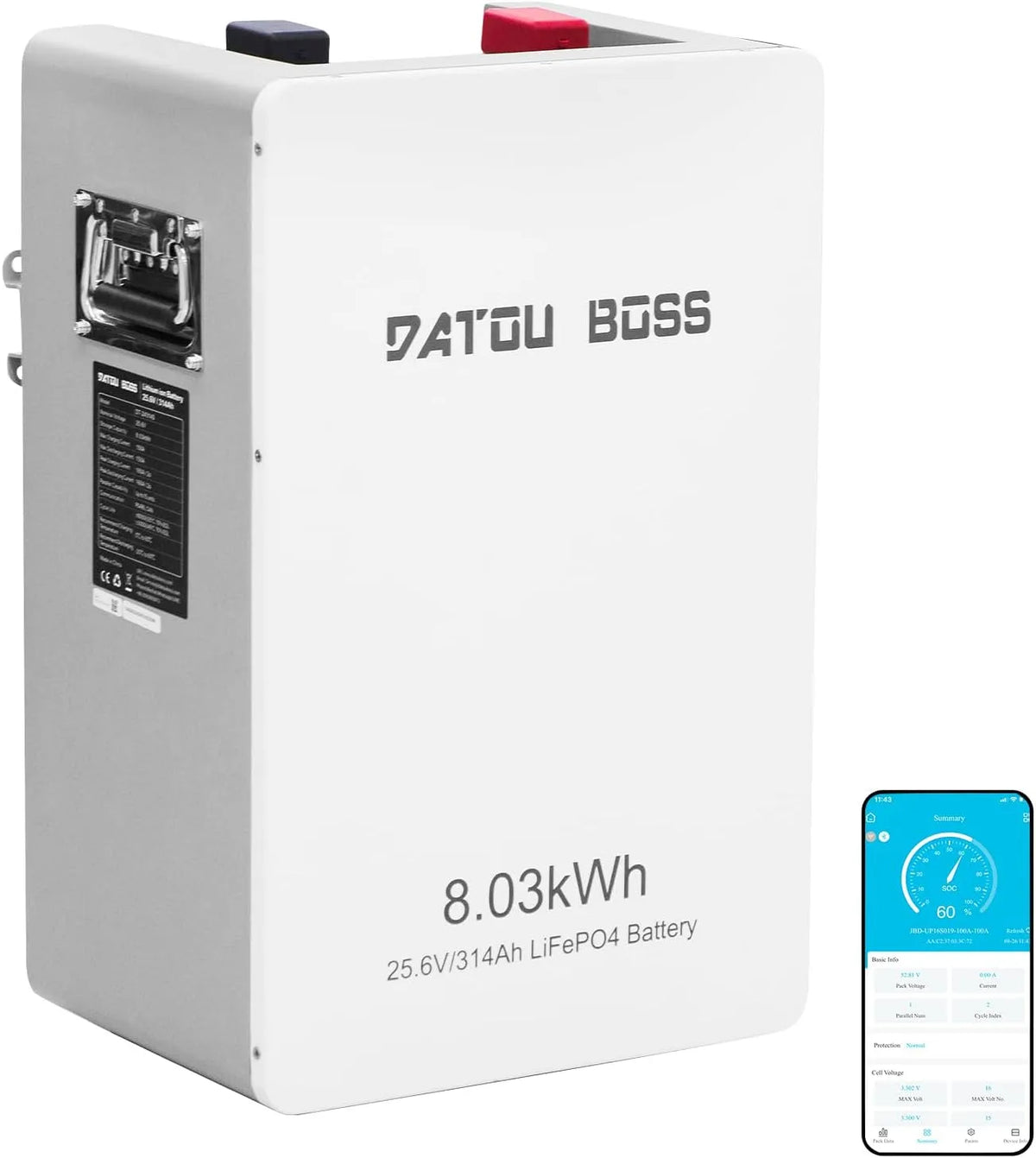 DATOUBOSS 25,6 V 314 Ah LiFePO4-batterij, DATOUBOSS 25 LiFePO4-batterij RS485/CAN, 8000+ cycli 24 V Deep Cycle lithiumbatterij MAX 8,03 kWh