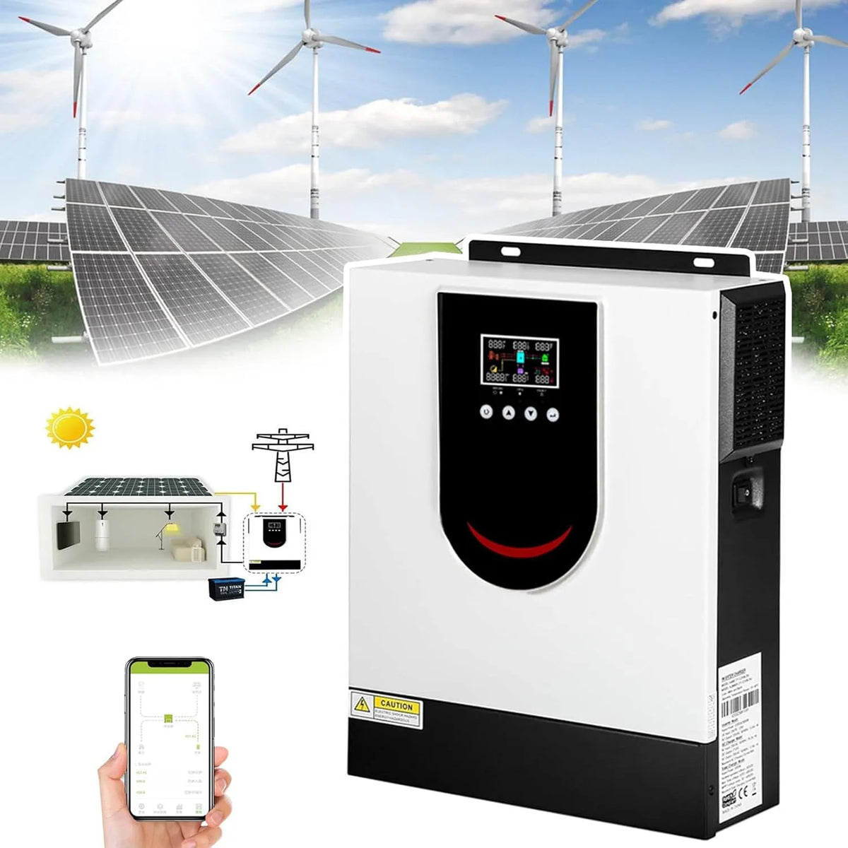Spanningsomvormer DC24V-1500 W met 1500 W, wifi, digitaal display, 1000-10200 W Hybride Zonne-Omvormer, DC 12 V/24 V/48V-AC230V Off-Grid Zuivere