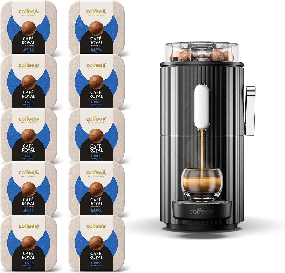 Espressomachine met 153 x 267 x 373 mm, 1,3 l en zwart, met 90 Lungo-koffieballen 10x 9 stuks