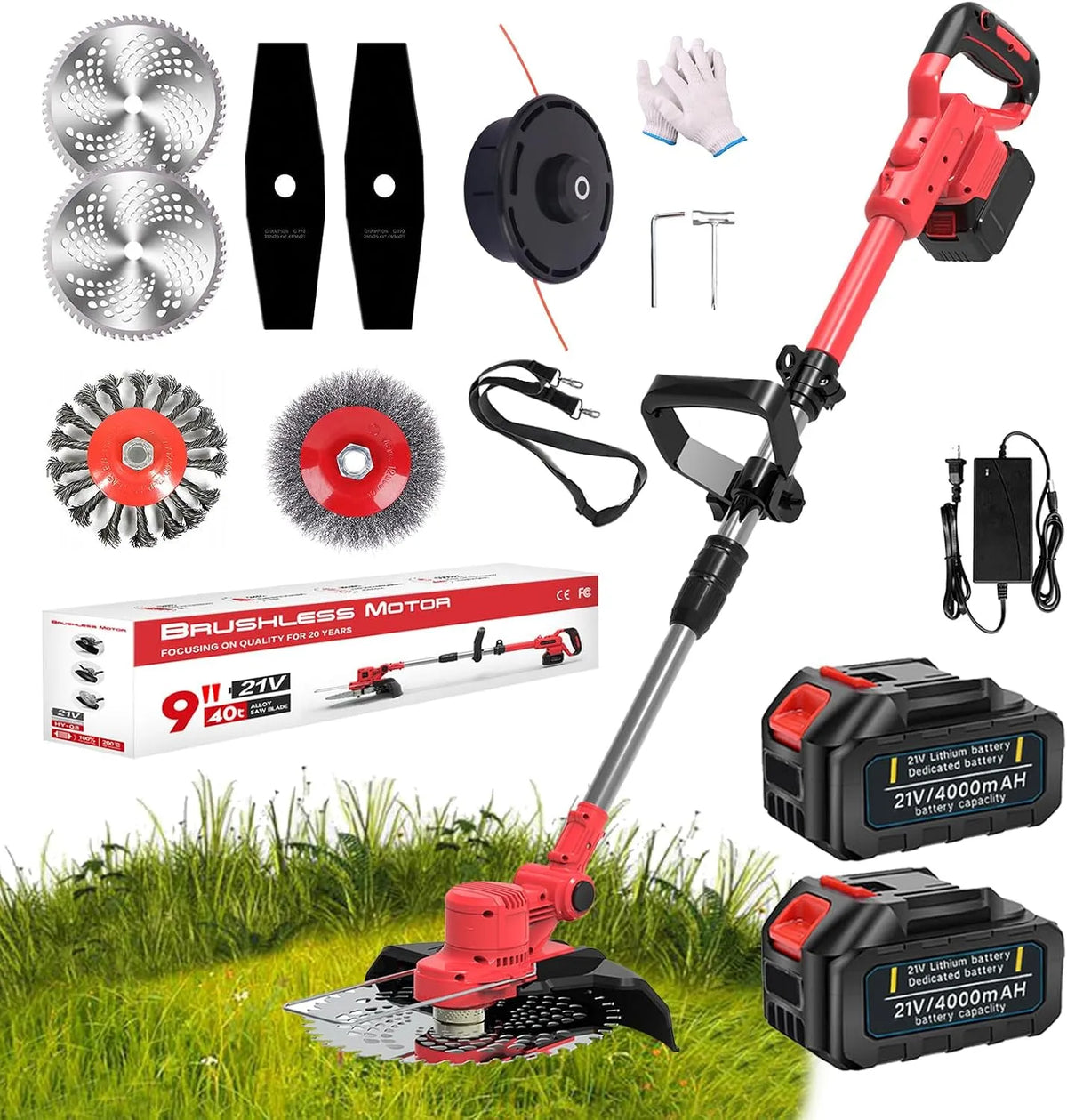 Grastrimmer, Ultra licht 2,36 kg, geluidsarm elektrische grasmaaier instelbaar met oplader, Bosmaaier zonder snoer 4-in-1 met 4,0 Ah 21 V accu