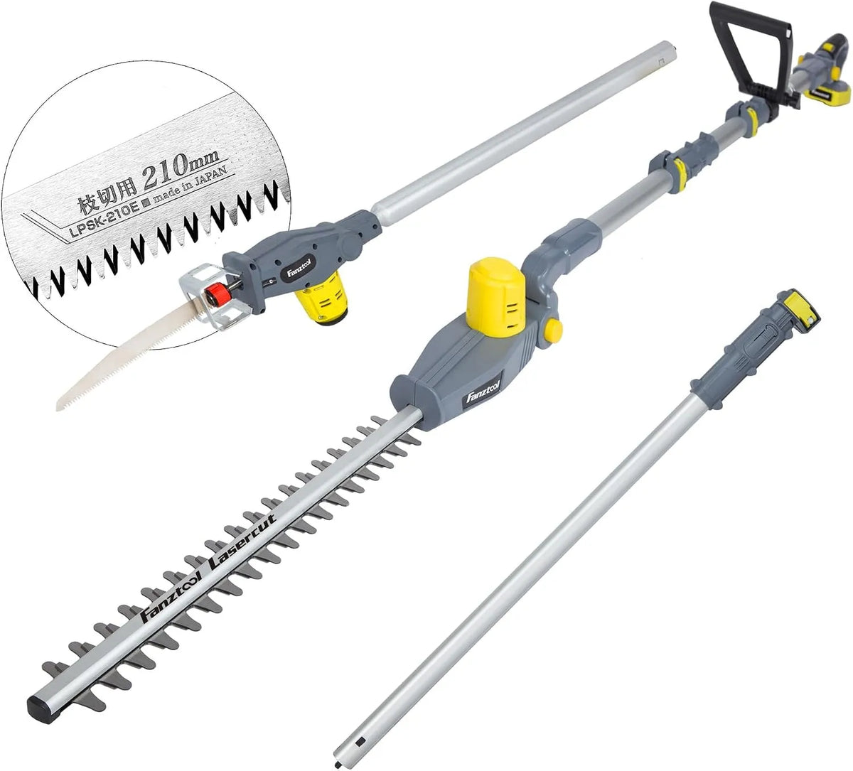 Heggenschaar, FANZTOOL 2-in-1 accu telescopische heggenschaar, reciprozaag met 20 V/2 Ah Li-ion accu, 45 cm zwaardlengte, telescoopsteel tot 3,2 m