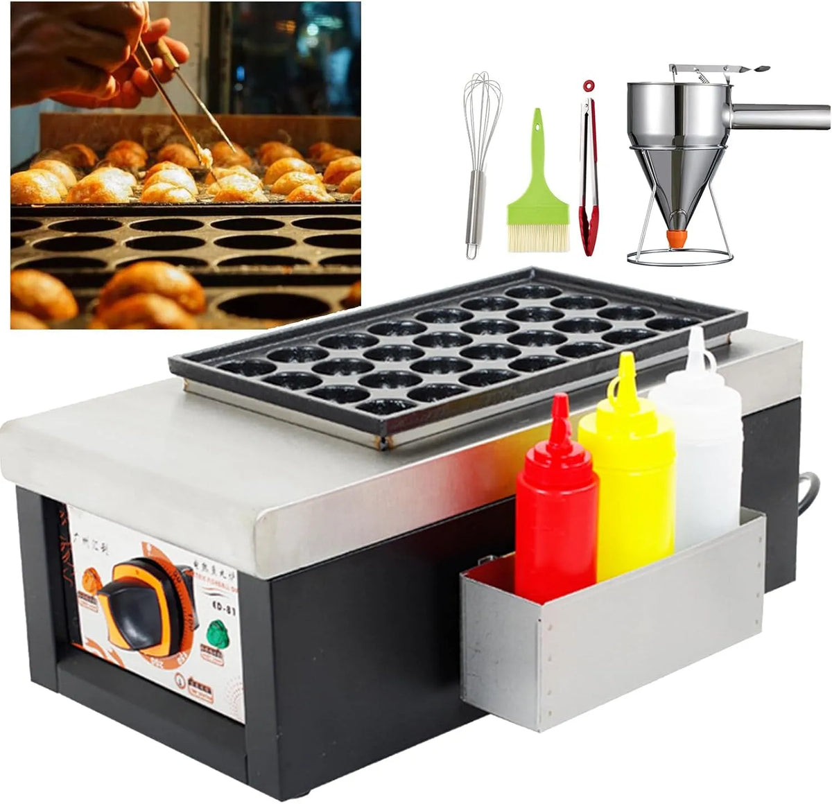 Octopus Ball Machine, RVS, 1,65 KW Octopus Ball Machine voor Grillen, Commerciële Elektrische Takoyaki Maker Pan met Temperatuurregeling, Non-Stick